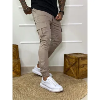 Calça Jogger Masculina com punho em jeans sarja - Modelo Cargo - Cinza