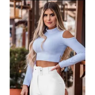 Cropped Feminino Manga Longa Gola Alta Inverno - Preto