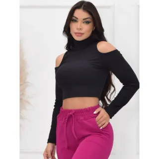 Cropped Feminino Manga Longa Gola Alta Inverno - Preto