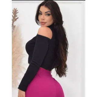 Cropped Feminino Manga Longa Gola Alta Inverno - Preto