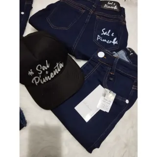 Calça feminina cintura alta sal e pimenta jeans - Forma PEQUENA/ bordado 0146