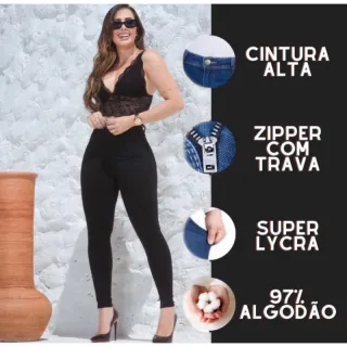 Perfeita calça jeans feminina preta skinny levanta bumbum - Preta, 54