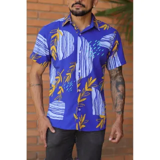 Camisa Havaiana Masculina Floral Florida Verão 2023 - Azul claro branco com preto