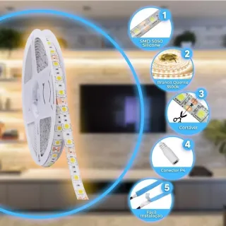 Rolo Fita Led 3528 Silicone 5 Metros - Branco Frio/Quente, à Prova D