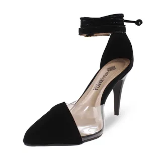 Scarpin Conforto Amarração Dupla Preto Salto Fino 8,5cm Vinil Transparente Luxo - Preto