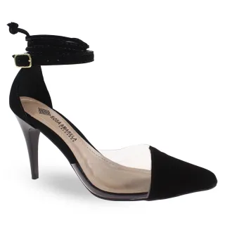 Scarpin Conforto Amarração Dupla Preto Salto Fino 8,5cm Vinil Transparente Luxo - Preto
