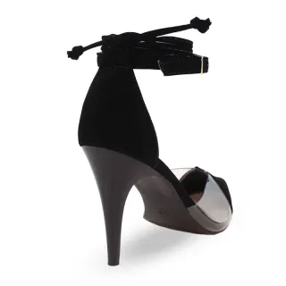 Scarpin Conforto Amarração Dupla Preto Salto Fino 8,5cm Vinil Transparente Luxo - Preto