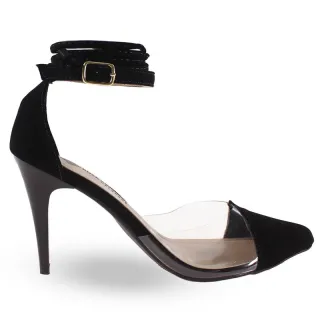 Scarpin Conforto Amarração Dupla Preto Salto Fino 8,5cm Vinil Transparente Luxo - Preto