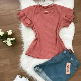 Blusa Manga Curta Canelada Três Babados Tamanho Unico - Cinza