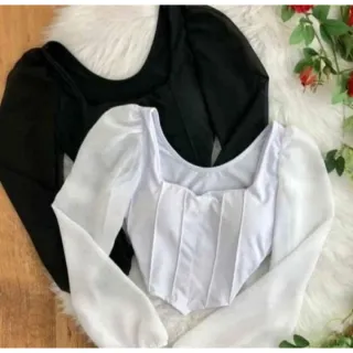 Blusa Manga Longa Corset Cropped Bloguerinha De Tule - Zebra