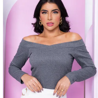 Blusinha Ombro a Ombro Canelada Manga Longa Frio Decote Em V com Bojo - Vinho