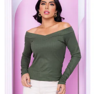 Blusinha Ombro a Ombro Canelada Manga Longa Frio Decote Em V com Bojo - Vinho