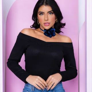 Blusinha Ombro a Ombro Canelada Manga Longa Frio Decote Em V com Bojo - Vinho