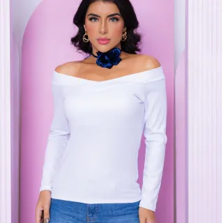 Blusinha Ombro a Ombro Canelada Manga Longa Frio Decote Em V com Bojo - Vinho