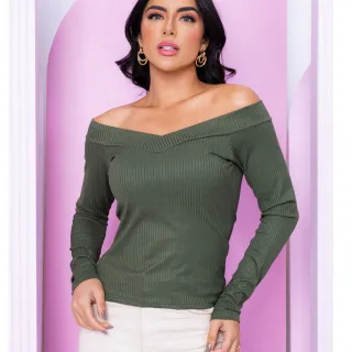 Blusinha Ombro a Ombro Canelada Manga Longa Frio Decote Em V com Bojo - Vinho