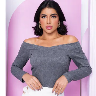 Blusinha Ombro a Ombro Canelada Manga Longa Frio Decote Em V com Bojo - Vinho