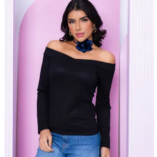 Blusinha Ombro a Ombro Canelada Manga Longa Frio Decote Em V com Bojo - Vinho