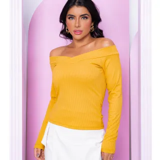 Blusinha Ombro a Ombro Canelada Manga Longa Frio Decote Em V com Bojo - Vinho