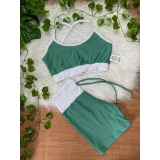 Top Alcinha fitness feminino e Conjunto de Academia Short com cordinha - VERDE COM BRANCO
