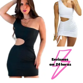 Moda Feminina - Vestido Curto Drapeado Colado Canelado Aberto na Cintura - Vestido(03) argola preto 34/36