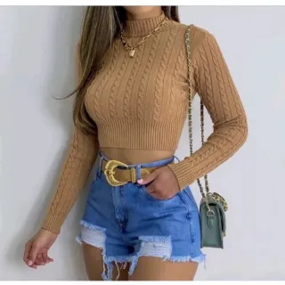 Trança manga longa cropped feminina blusa tricot