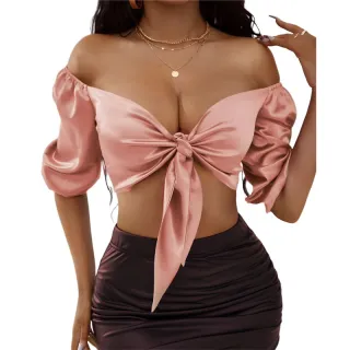Blusa Feminina Top Cropped Cetim Bufante Amarrar Nó Frontal - Rosa Pink