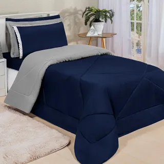 4 Peças Kit Edredom Solteiro Dupla Face Ternura - CINZA/ROSA