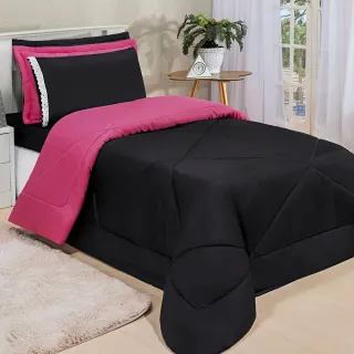 4 Peças Kit Edredom Solteiro Dupla Face Ternura - CINZA/ROSA