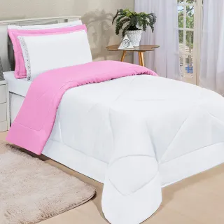 4 Peças Kit Edredom Solteiro Dupla Face Ternura - CINZA/ROSA