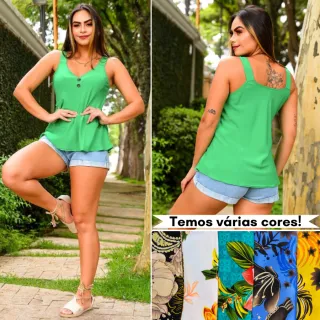 Blusa feminina de viscose estampada com alça grossa - Modelo Verão 2 - Rosa (Estampada)