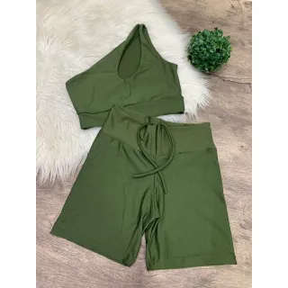 Top de Um Ombro e Short Fitness com Amarração Frontal - VERDE PALMA