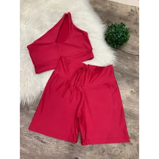 Top de Um Ombro e Short Fitness com Amarração Frontal - VERDE PALMA