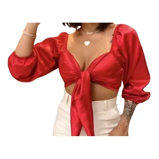 Blusa Feminina Top Cropped Cetim Bufante Amarrar Nó Frontal - Rosa Pink