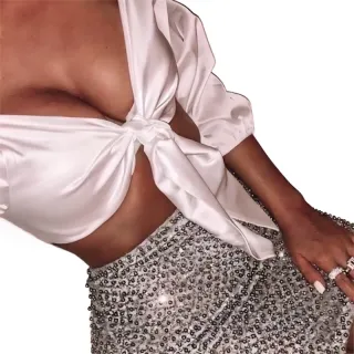 Blusa Feminina Top Cropped Cetim Bufante Amarrar Nó Frontal - Rosa Pink