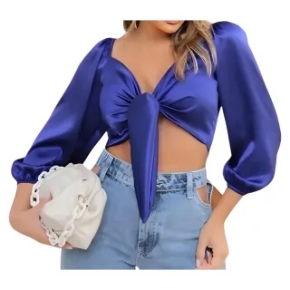 Blusa Feminina Top Cropped Cetim Bufante Amarrar Nó Frontal - Rosa Pink