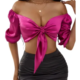 Blusa Feminina Top Cropped Cetim Bufante Amarrar Nó Frontal - Rosa Pink