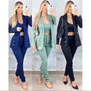 Conjunto Premium Max Blazer, Calça e Cropped em Neoprene Feminino - Pink