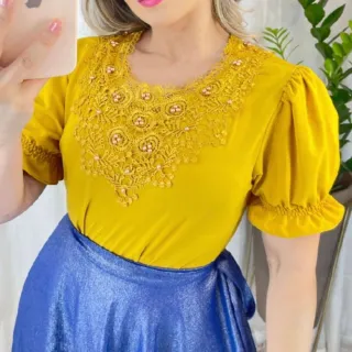 Moda Evangélica: Blusas Sociais com renda, pérolas e pedraria - Modelo 2