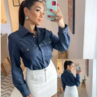 Camisa Social Feminina Jeans Escuro com Bolso - P