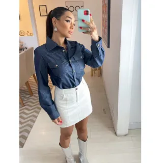 Camisa Social Feminina Jeans Escuro com Bolso - P