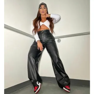 Feminina Preta Wide Leg Couro Calça - P