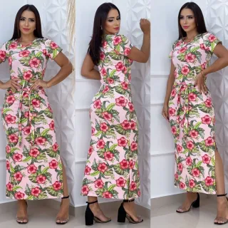 Vestido de amarrar na cintura estampado e liso, longo - Vestido verde militar