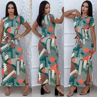 Vestido de amarrar na cintura estampado e liso, longo - Vestido verde militar