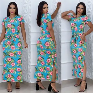 Vestido de amarrar na cintura estampado e liso, longo - Vestido verde militar