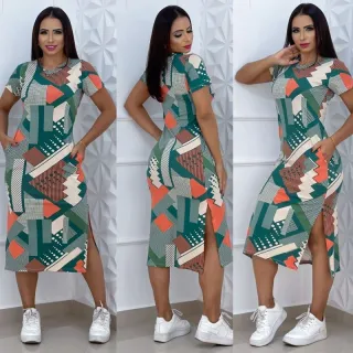 Vestido estampado midi com bolso - Tamanho único - Verde Bandeira