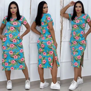 Vestido estampado midi com bolso - Tamanho único - Verde Bandeira