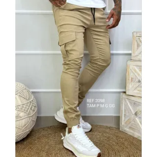 Calça confortável masculina skinny cargo elástico várias cores - Caramelo