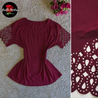Moda Casual 2023: Blusa Feminina de Manga Curta com Brilho - Bordô
