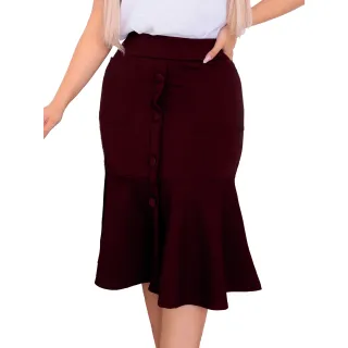Moda Evangélica Saia Crepe Premium Babado 4 Botões Bolso - Marsala