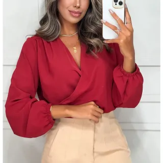 Blusa Solta Manga Longa Cropped Feminina Decote Bufante - Azul-Royal